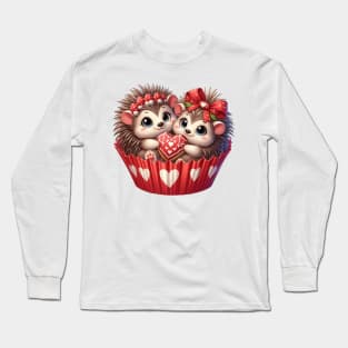 Valentine Hedgehog Couple In A Cupcake Long Sleeve T-Shirt